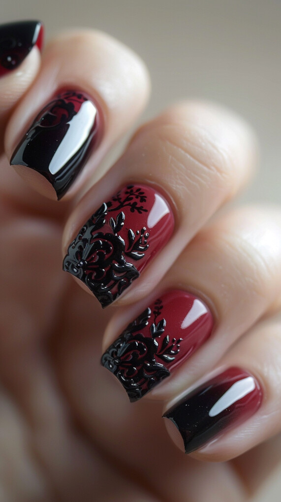 Black Lace on Maroon nail