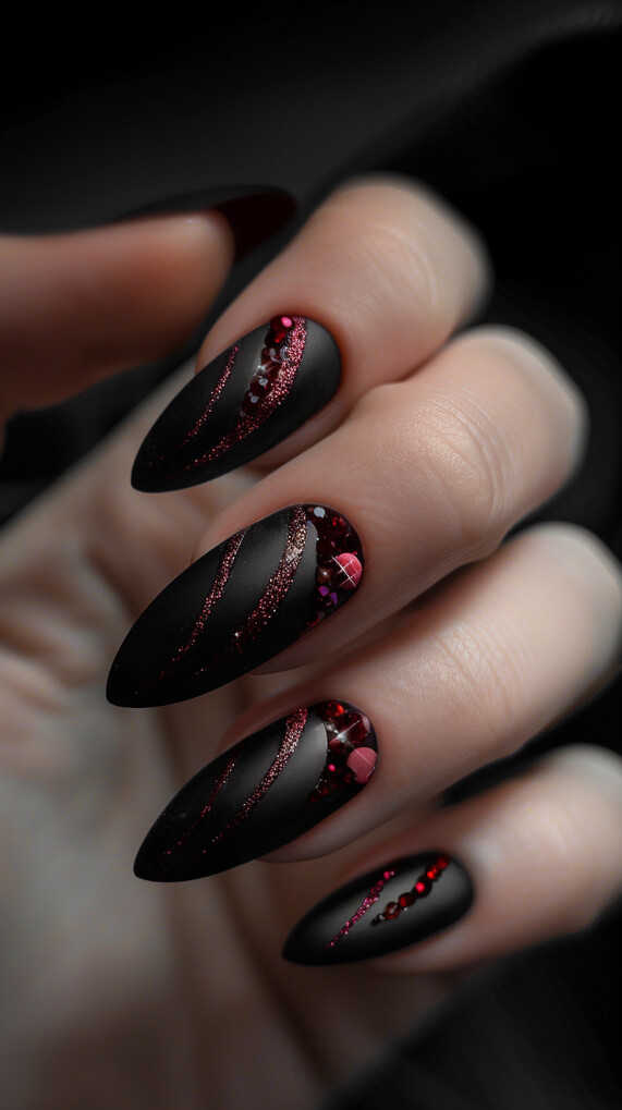 Black Matte nails with Maroon Accents