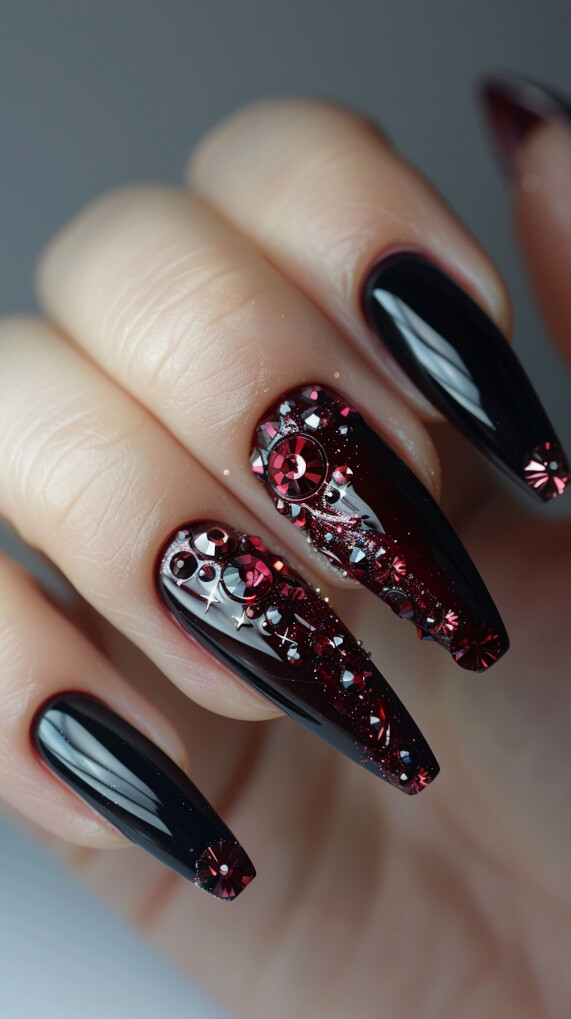 Black Nails with Maroon Rhinestones