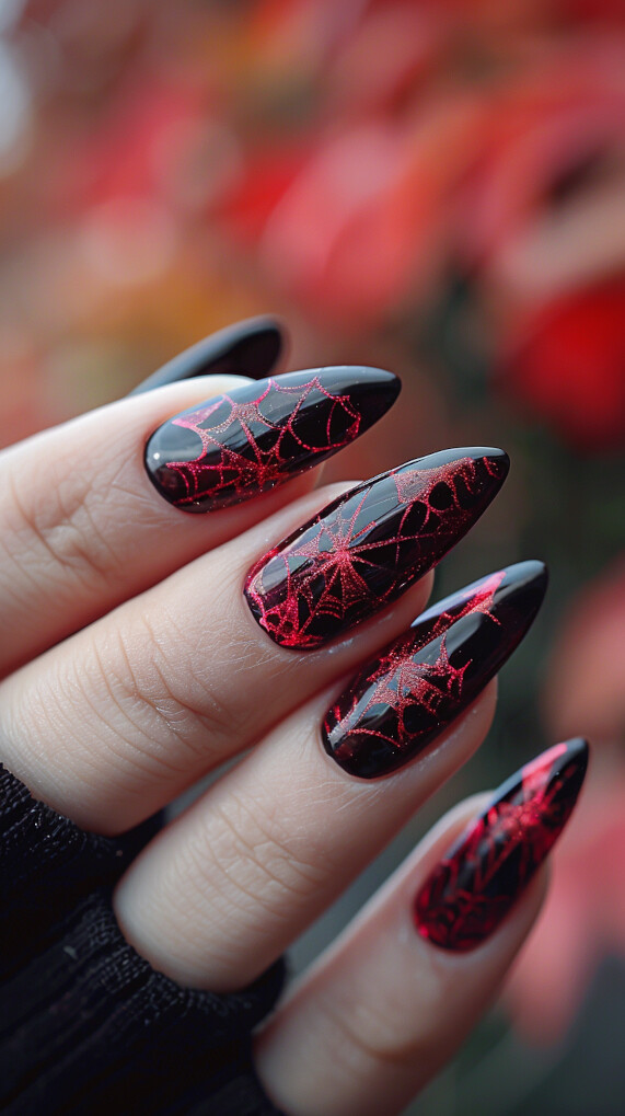 Black Nails with Maroon Spider Webs