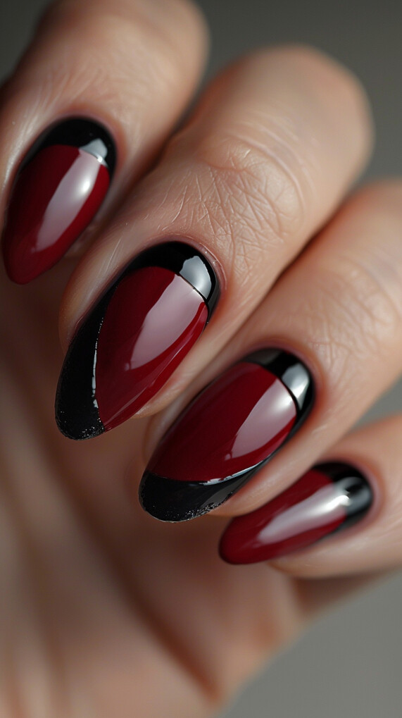 Black and Maroon Half-Moon Manicure