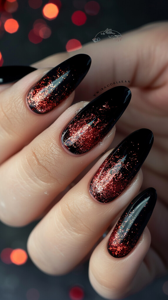 Black nail with Maroon Glitter Gradient