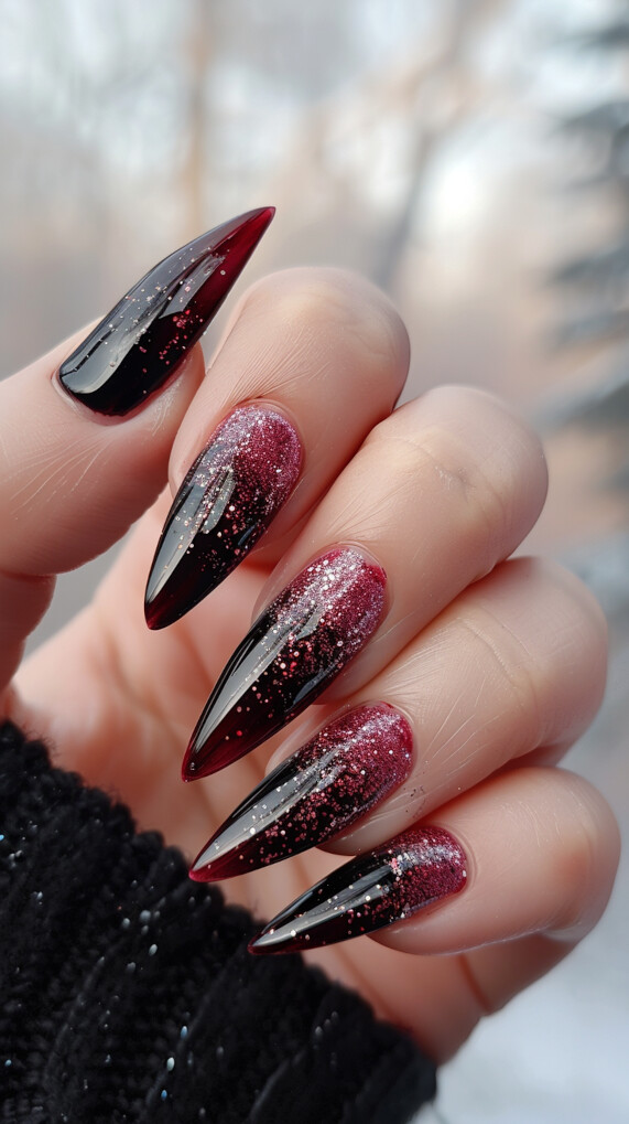 Maroon Ombre nail with Black Glitter