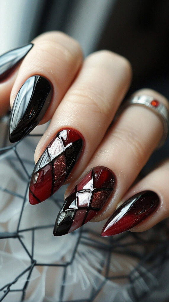 Maroon and Black Checkered Nails