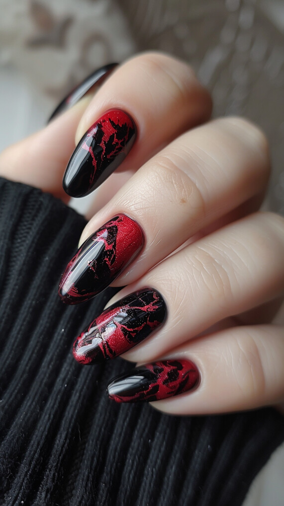 Maroon and Black Marble nail