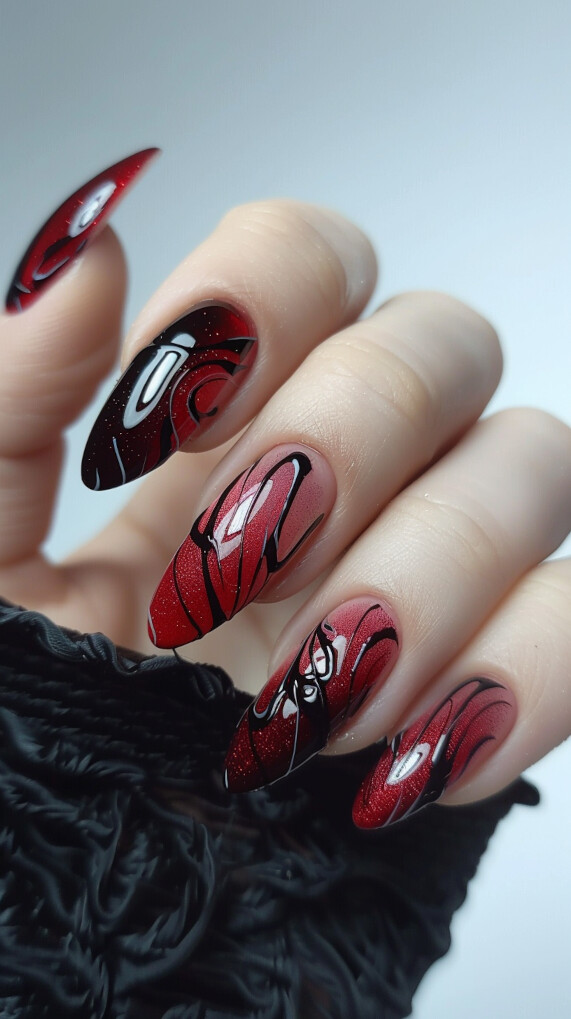 Maroon nails with Black Abstract Art