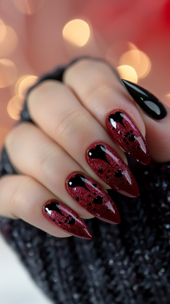 Maroon nails with Black Hearts