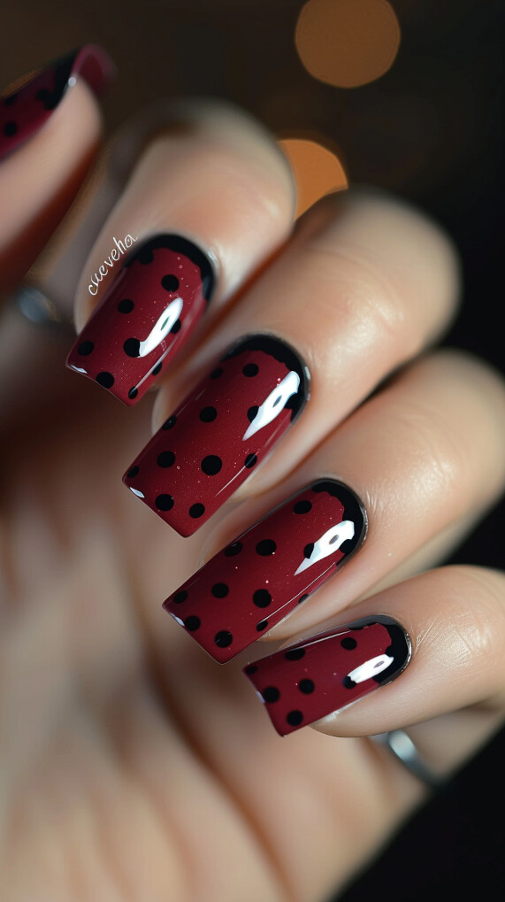 Maroon with Black Polka Dots