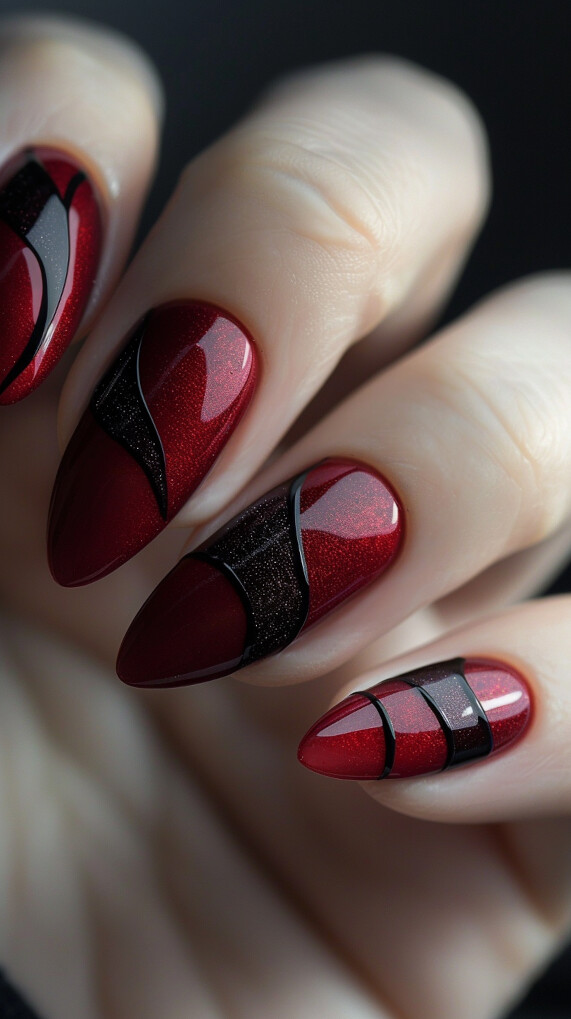 Matte Maroon nails with Glossy Black Stripes