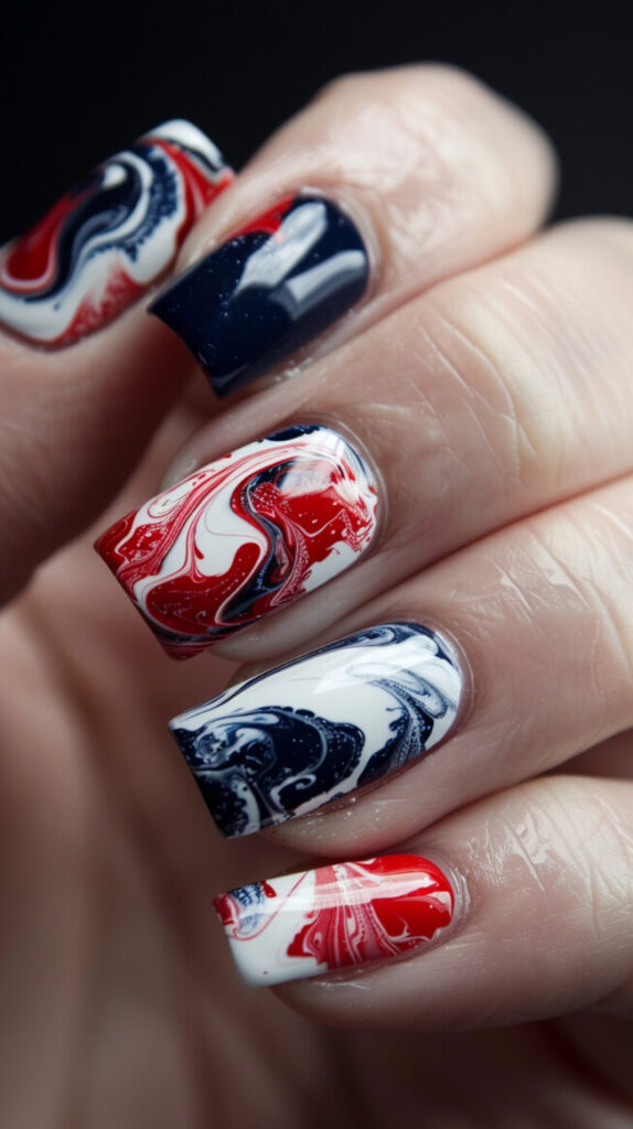 Patriotic Water Marble nails