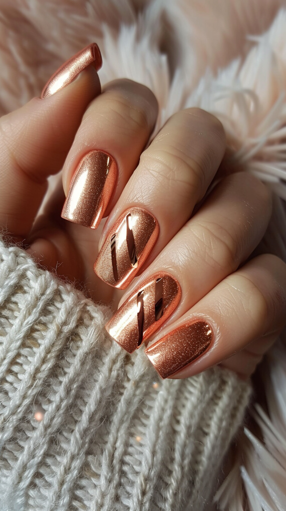 Metallic Stripes rose gold nails