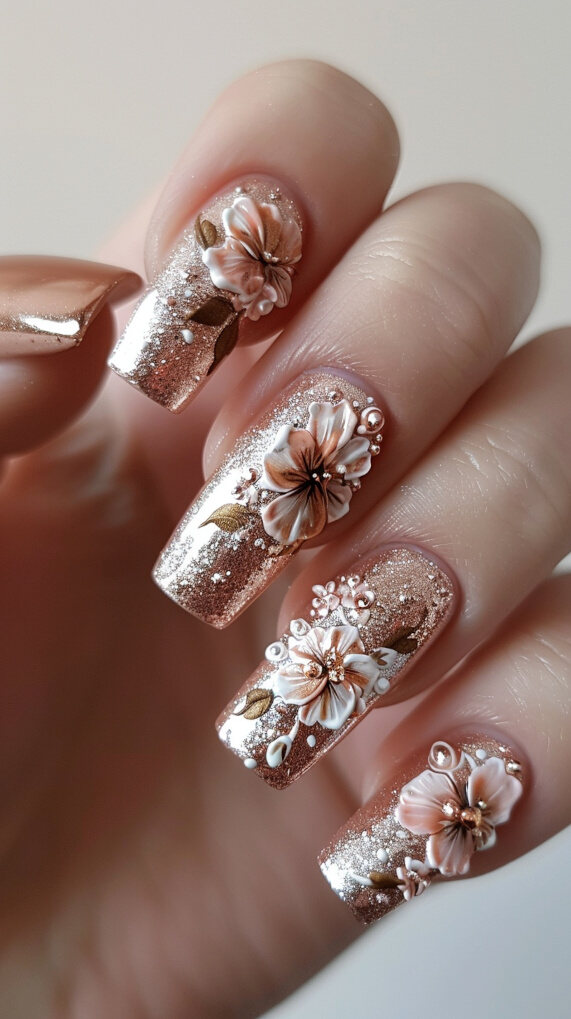 Rose gold and floral nail designs