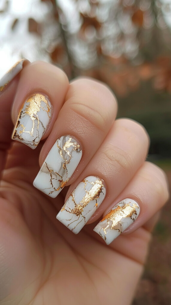 White Marble nails with Gold Veins