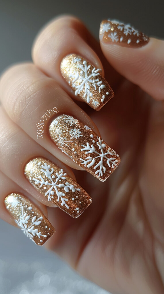 White Snowflakes on Gold nail