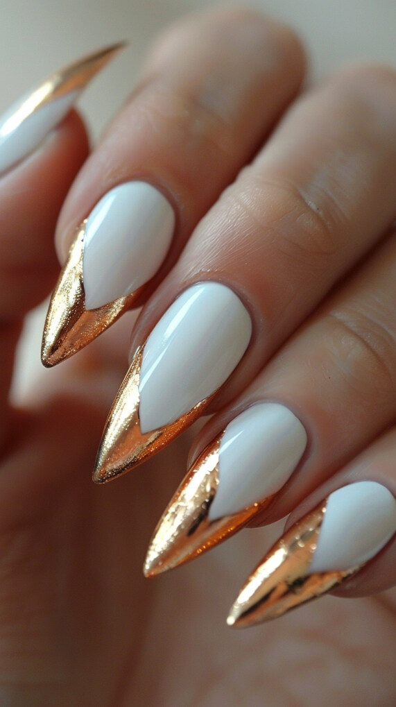 White Stiletto Nails with Gold Tips