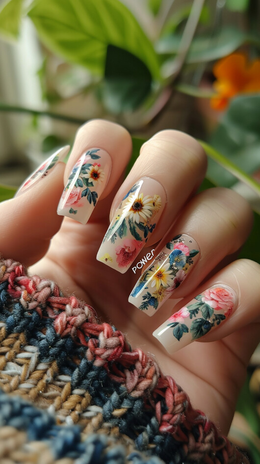 Floral patterns of hippie nail art