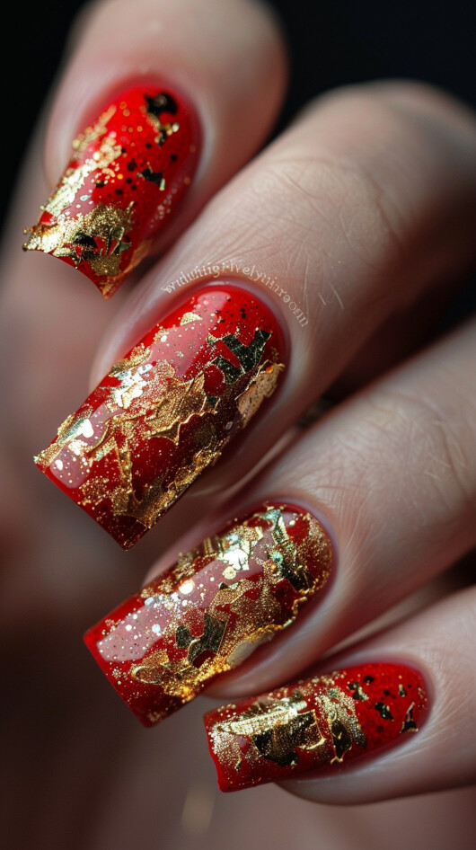 Gold Foil on Red nails