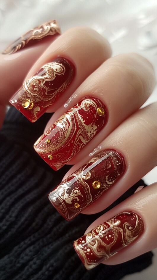 Red and Gold Marble nails